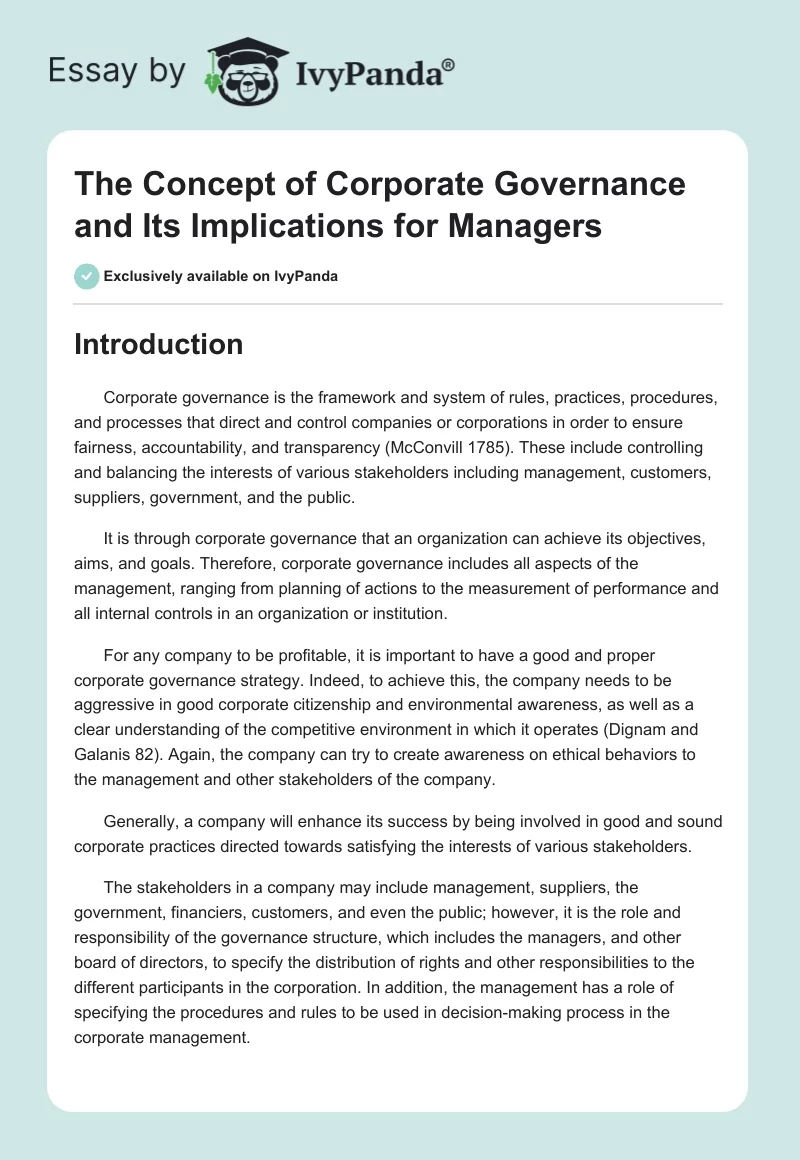 The Concept of Corporate Governance and Its Implications for Managers. Page 1