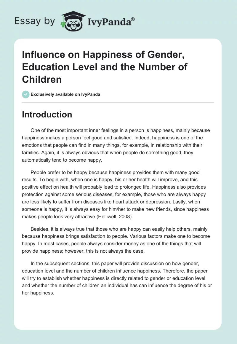 Influence on Happiness of Gender, Education Level and the Number of Children. Page 1