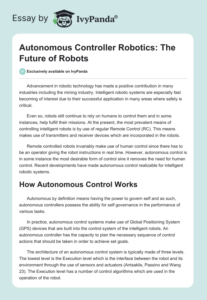 Autonomous Controller Robotics: The Future of Robots. Page 1