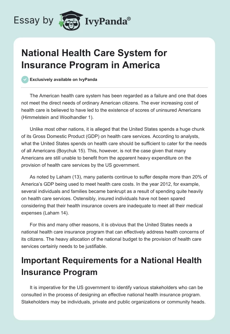 National Health Care System for Insurance Program in America. Page 1