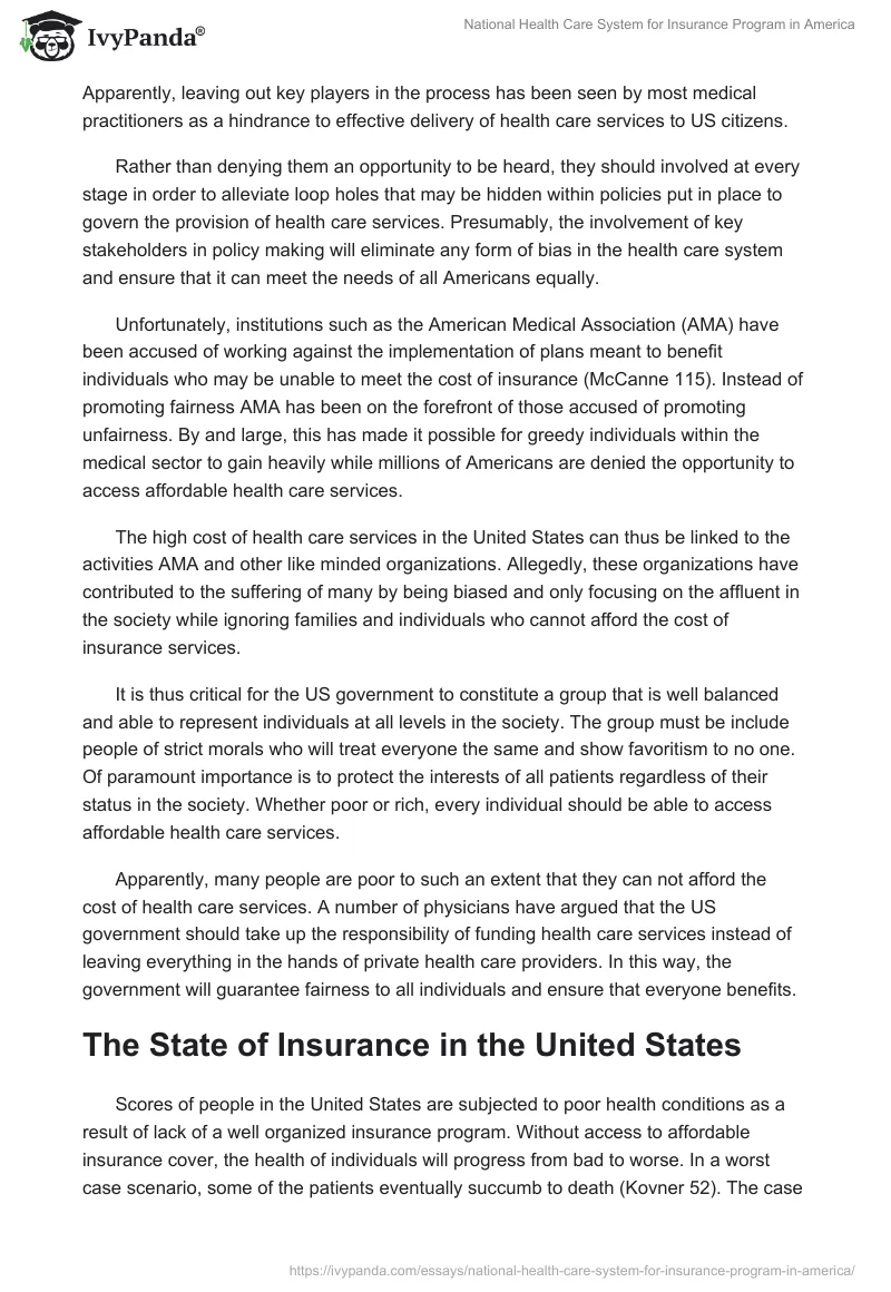 National Health Care System for Insurance Program in America. Page 2