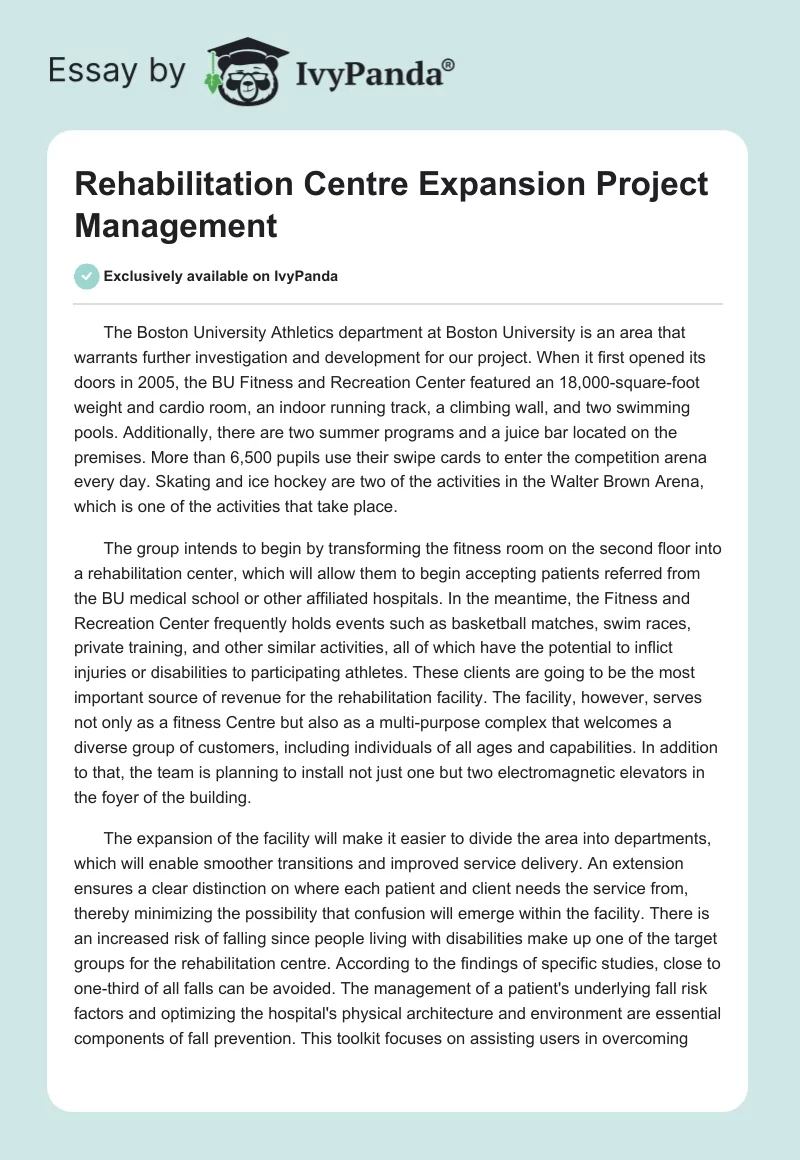 Rehabilitation Centre Expansion Project Management. Page 1