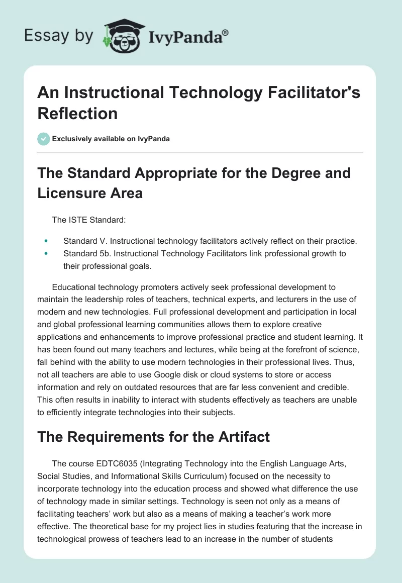An Instructional Technology Facilitator's Reflection. Page 1