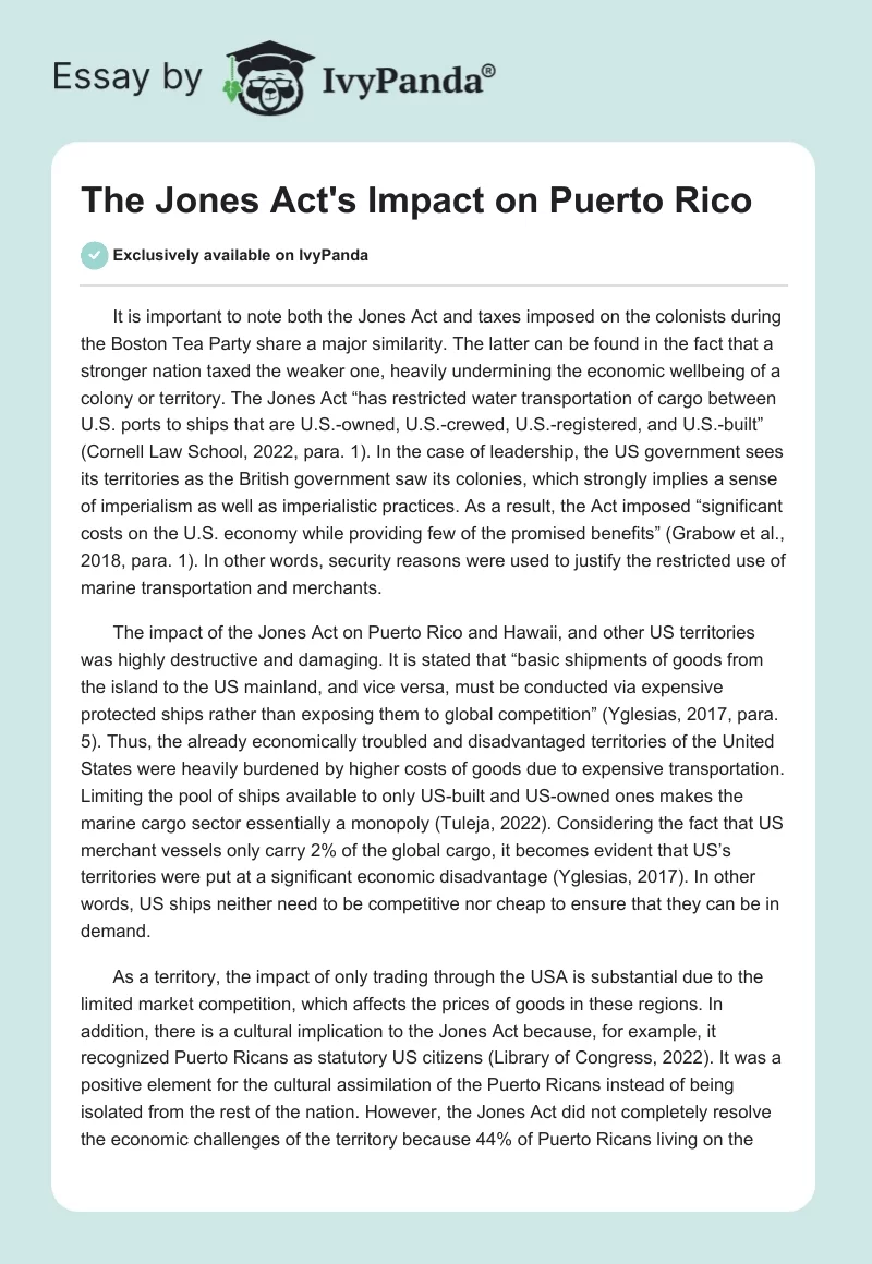 The Jones Act's Impact on Puerto Rico. Page 1