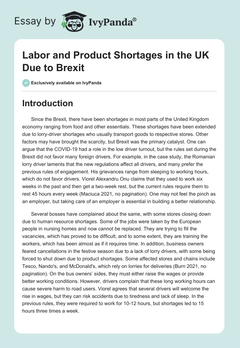 Labor and Product Shortages in the UK Due to Brexit. Page 1