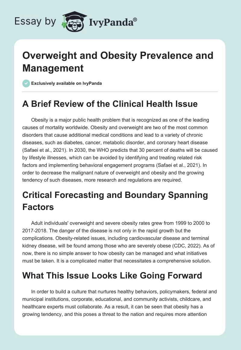 Overweight and Obesity Prevalence and Management. Page 1