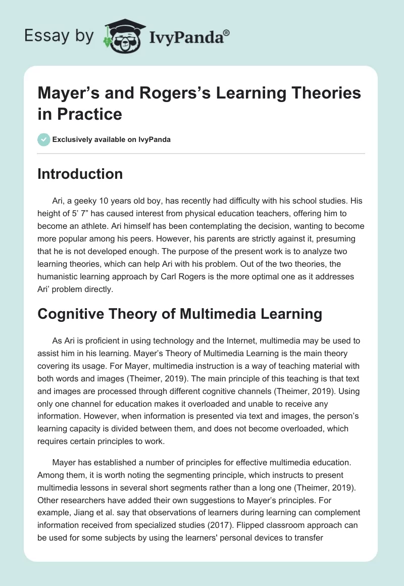 Mayer’s and Rogers’s Learning Theories in Practice. Page 1