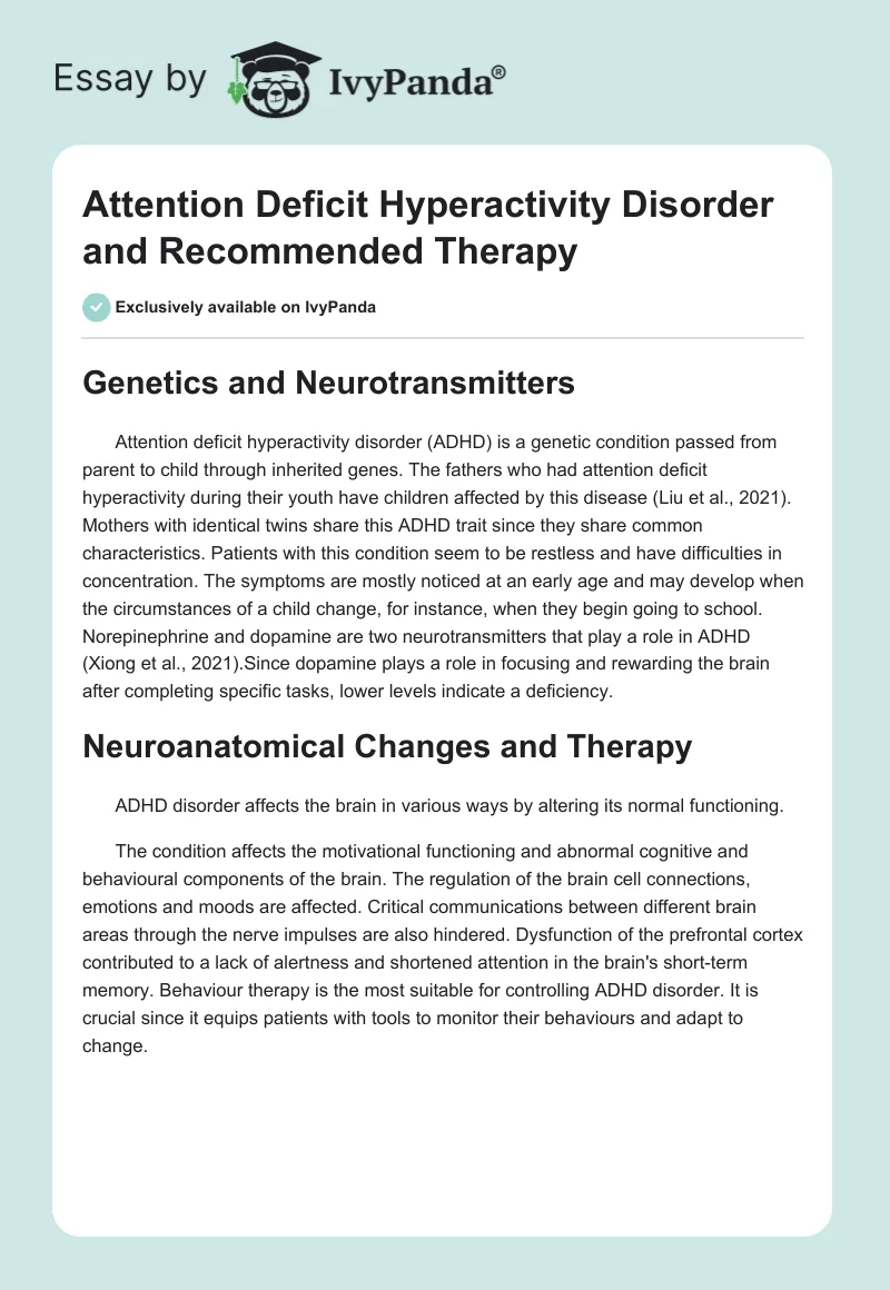 Attention Deficit Hyperactivity Disorder and Recommended Therapy. Page 1