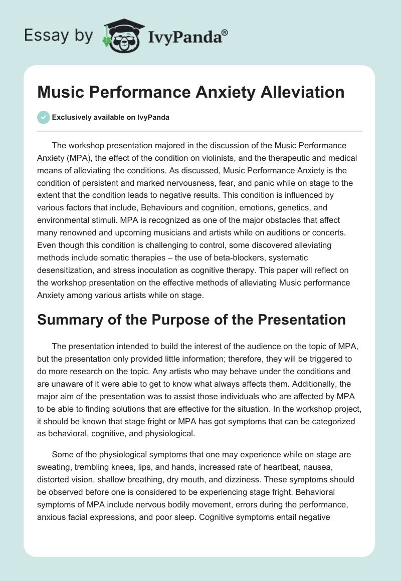 Music Performance Anxiety Alleviation. Page 1