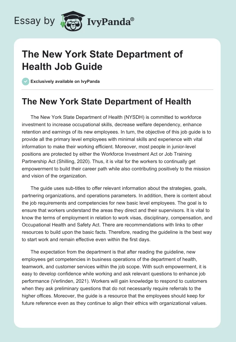 The New York State Department of Health Job Guide. Page 1