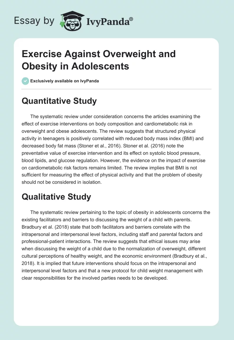 Exercise Against Overweight and Obesity in Adolescents. Page 1