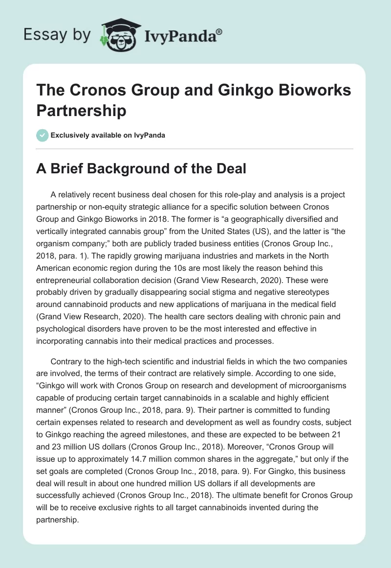 The Cronos Group and Ginkgo Bioworks Partnership. Page 1