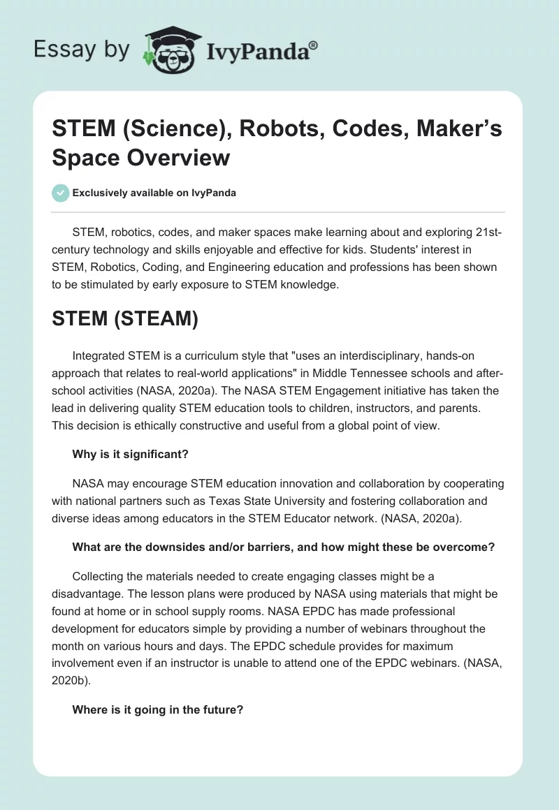 STEM (Science), Robots, Codes, Maker’s Space Overview. Page 1