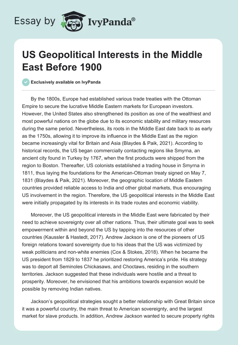 US Geopolitical Interests in the Middle East Before 1900. Page 1