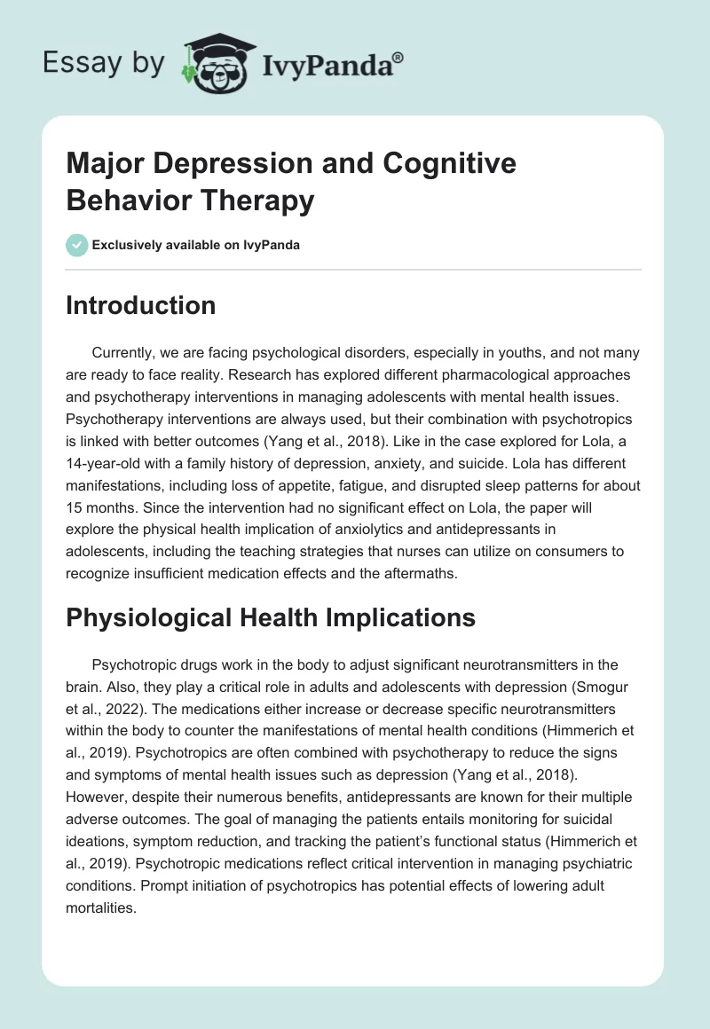 Major Depression and Cognitive Behavior Therapy. Page 1