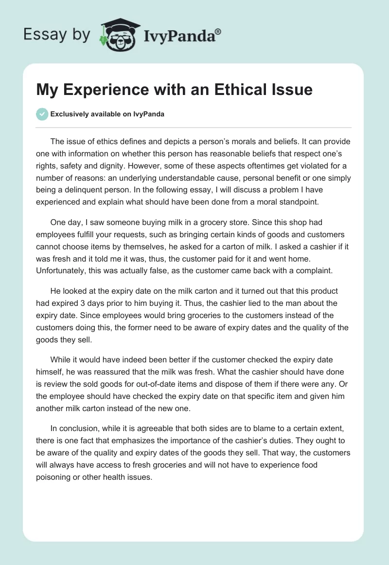My Experience with an Ethical Issue. Page 1