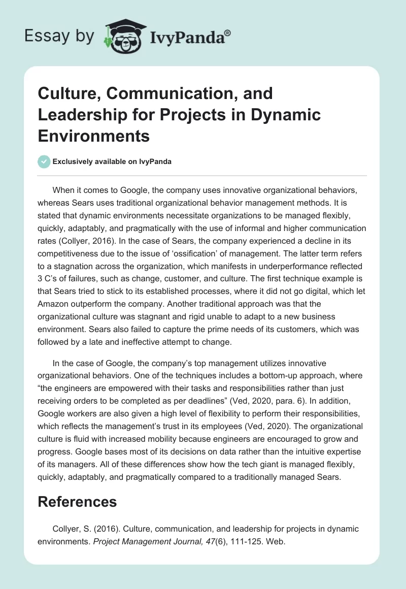 Culture, Communication, and Leadership for Projects in Dynamic Environments. Page 1