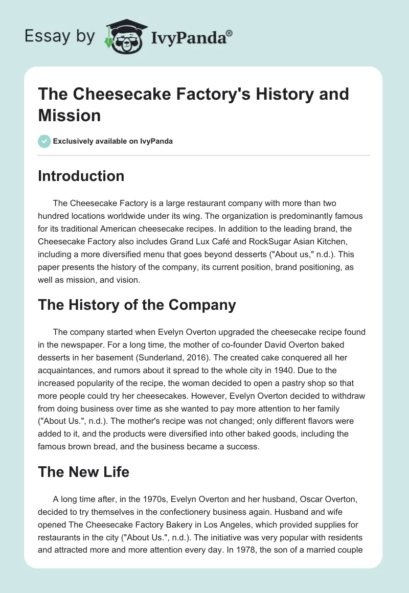 The Cheesecake Factory's History and Mission. Page 1