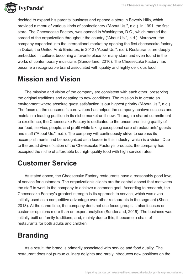 The Cheesecake Factory's History and Mission. Page 2