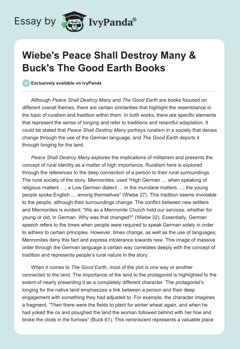Wiebe's Peace Shall Destroy Many & Buck's The Good Earth Books. Page 1