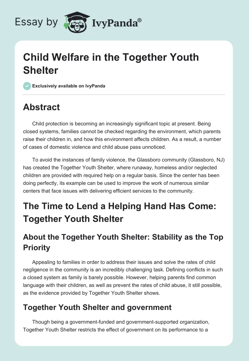 Child Welfare in the Together Youth Shelter. Page 1