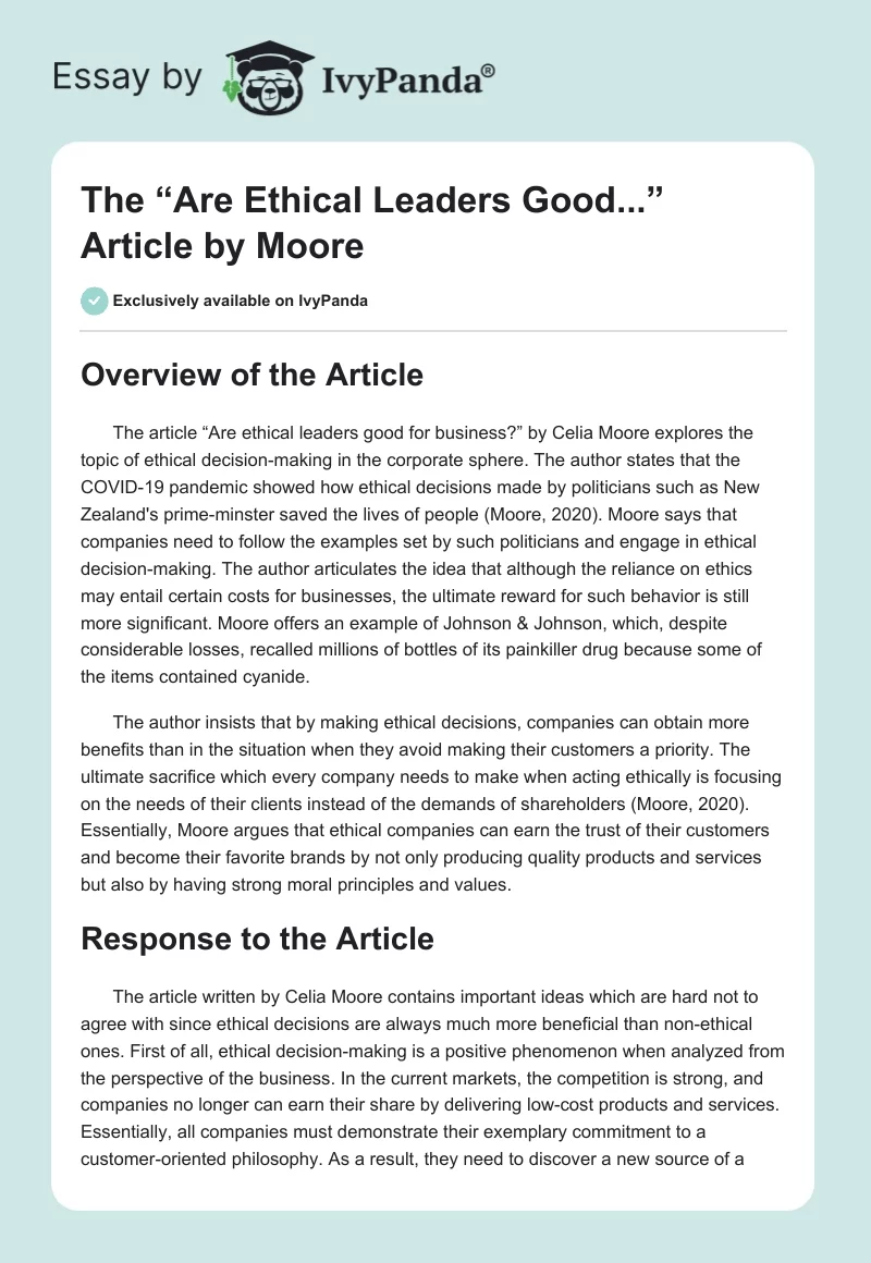 The “Are Ethical Leaders Good...” Article by Moore. Page 1