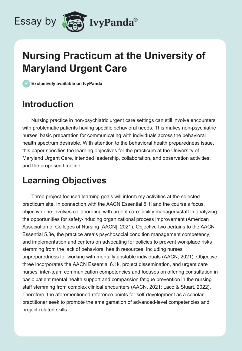 Nursing Practicum at the University of Maryland Urgent Care. Page 1