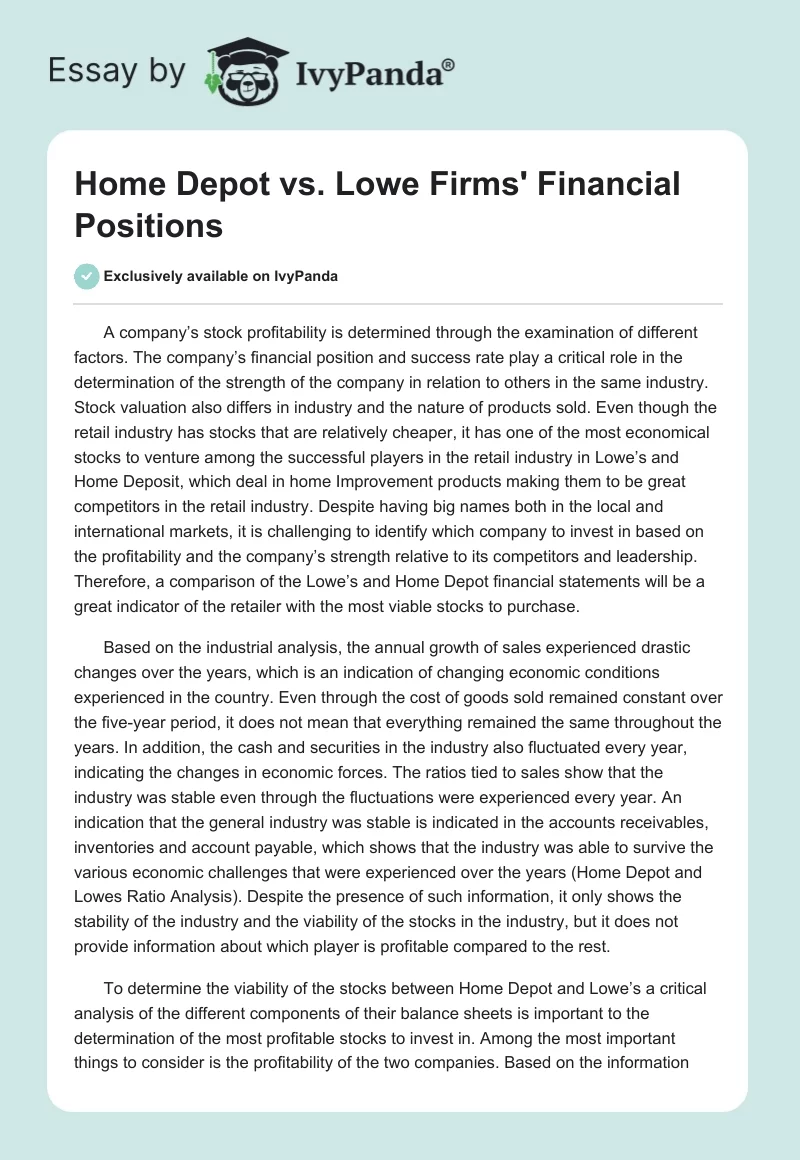 Home Depot vs. Lowe Firms' Financial Positions. Page 1