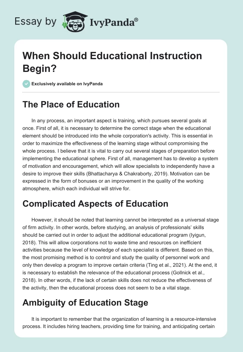 When Should Educational Instruction Begin?. Page 1