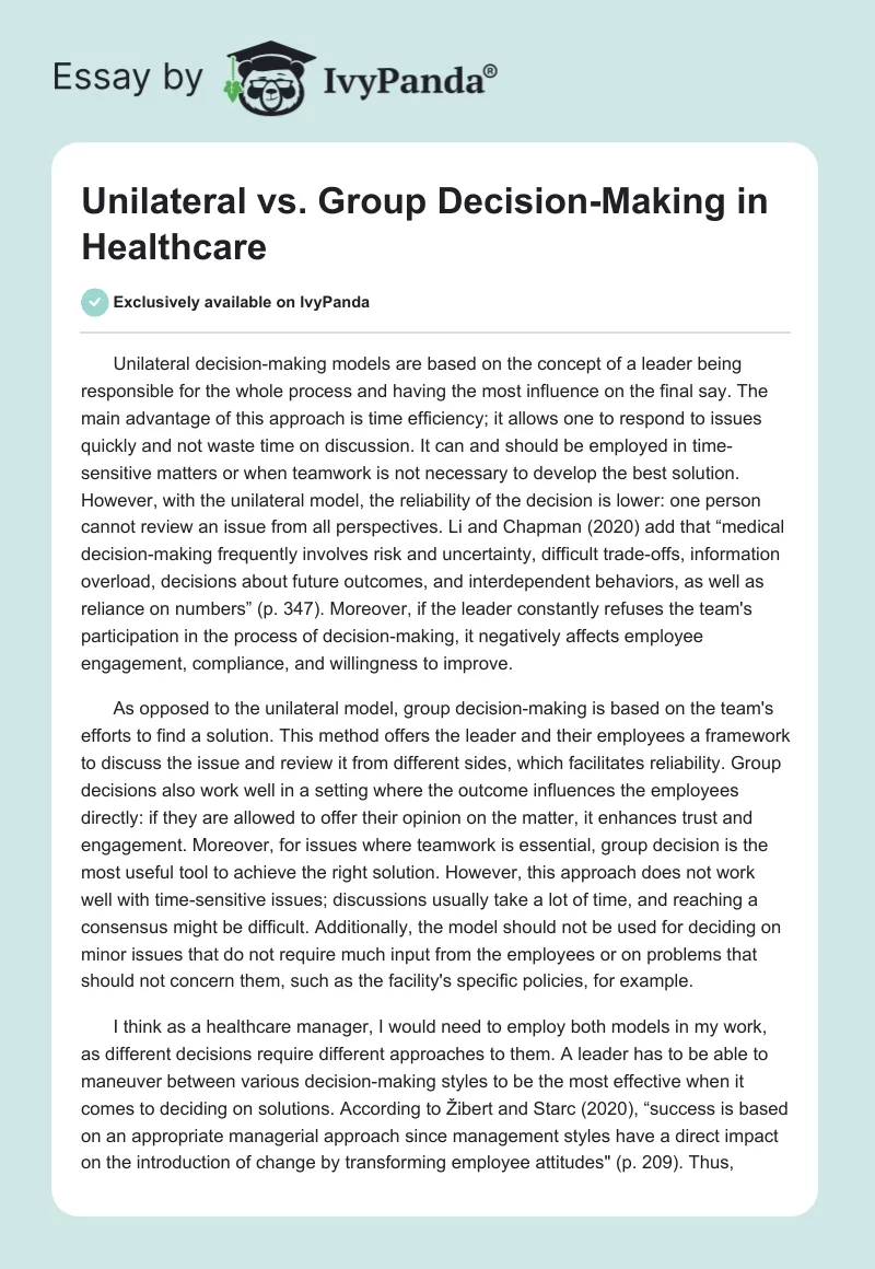Unilateral vs. Group Decision-Making in Healthcare. Page 1