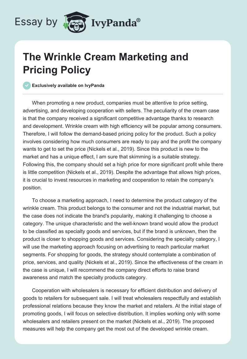 The Wrinkle Cream Marketing and Pricing Policy. Page 1