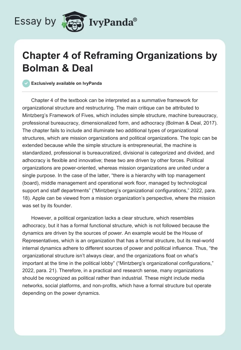 Chapter 4 of Reframing Organizations by Bolman & Deal. Page 1