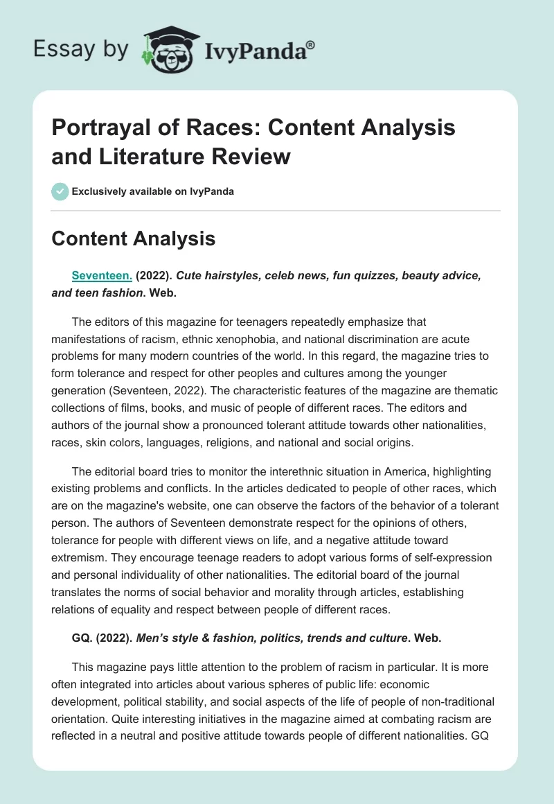 Portrayal of Races: Content Analysis and Literature Review. Page 1