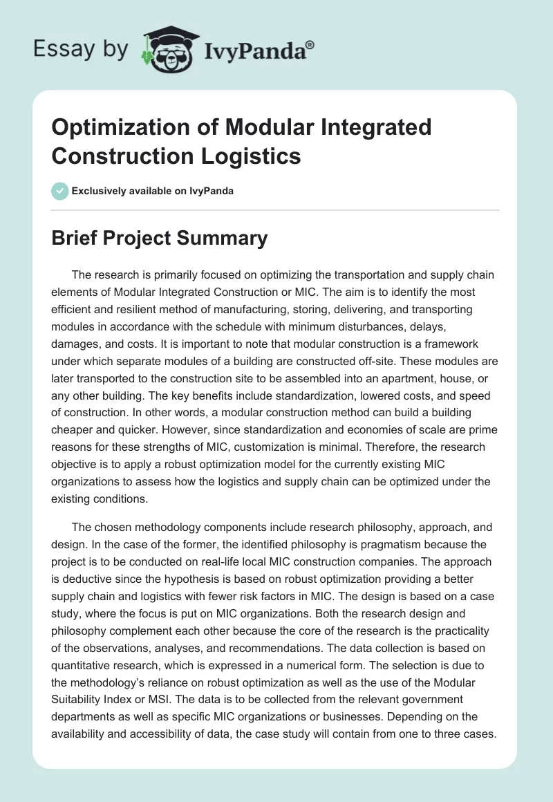 Optimization of Modular Integrated Construction Logistics. Page 1
