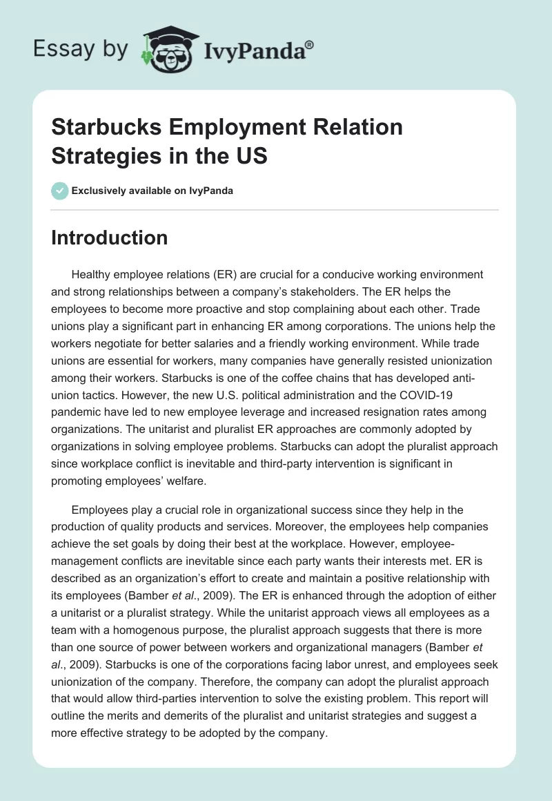 Starbucks Employment Relation Strategies in the US. Page 1