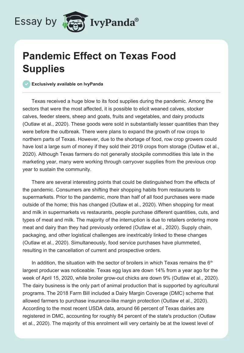 Pandemic Effect on Texas Food Supplies. Page 1