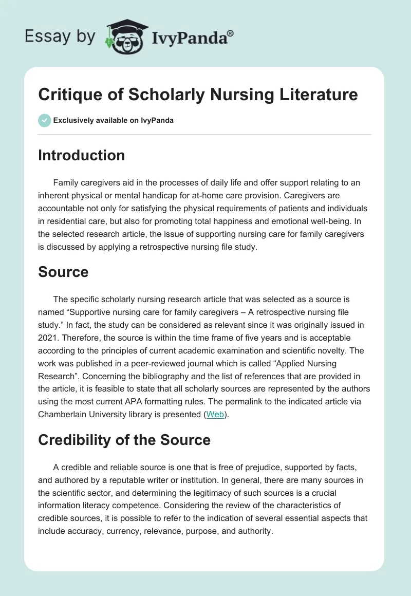 Critique of Scholarly Nursing Literature. Page 1
