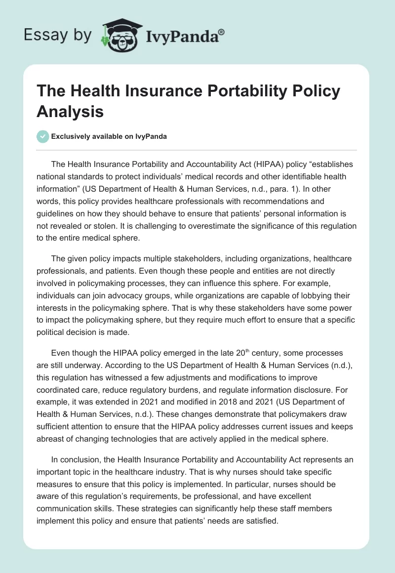 The Health Insurance Portability Policy Analysis. Page 1