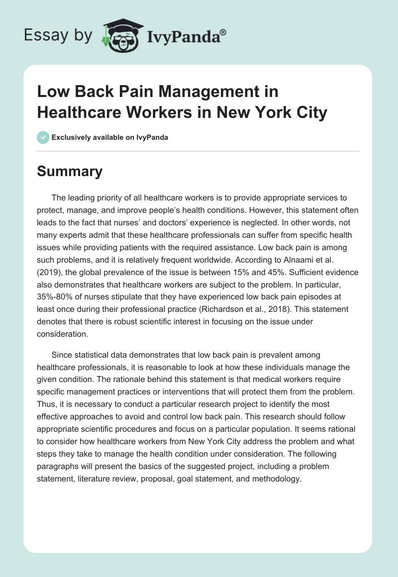 Low Back Pain Management in Healthcare Workers in New York City. Page 1