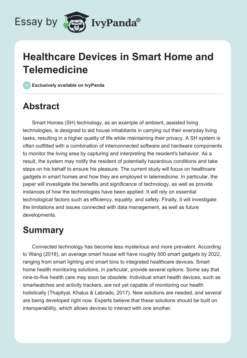 Healthcare Devices in Smart Home and Telemedicine. Page 1