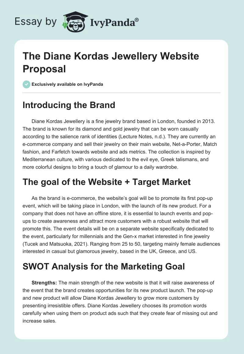 The Diane Kordas Jewellery Website Proposal. Page 1