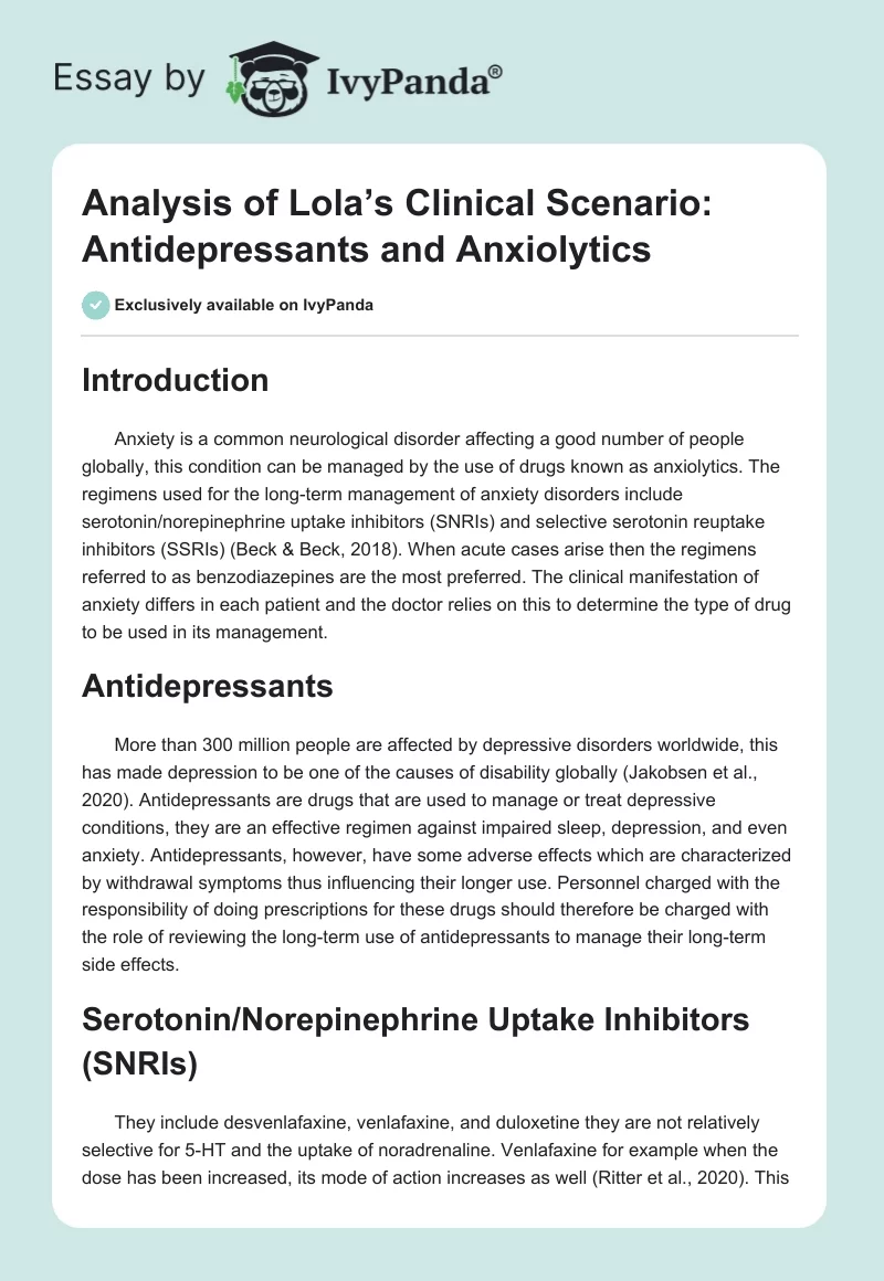 Analysis of Lola’s Clinical Scenario: Antidepressants and Anxiolytics. Page 1