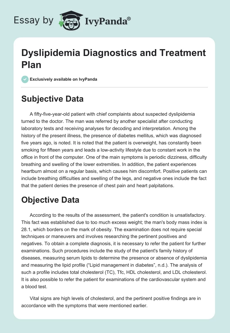 Dyslipidemia Diagnostics and Treatment Plan. Page 1