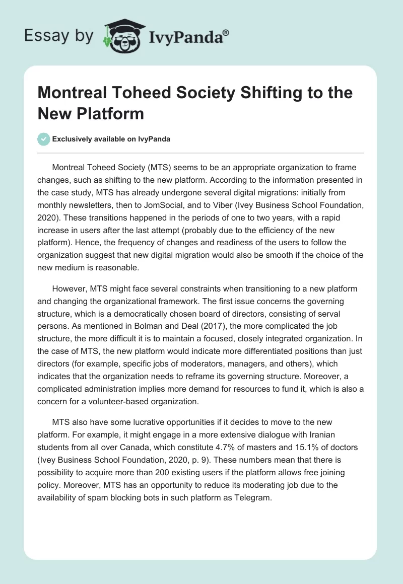 Montreal Toheed Society Shifting to the New Platform. Page 1