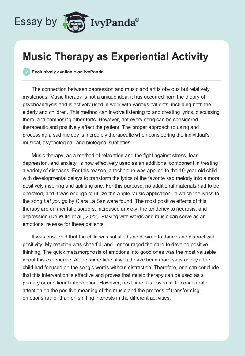 Music Therapy as Experiential Activity. Page 1