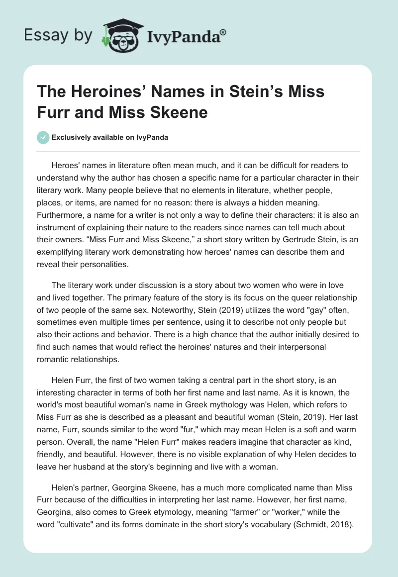 The Heroines’ Names in Stein’s Miss Furr and Miss Skeene. Page 1