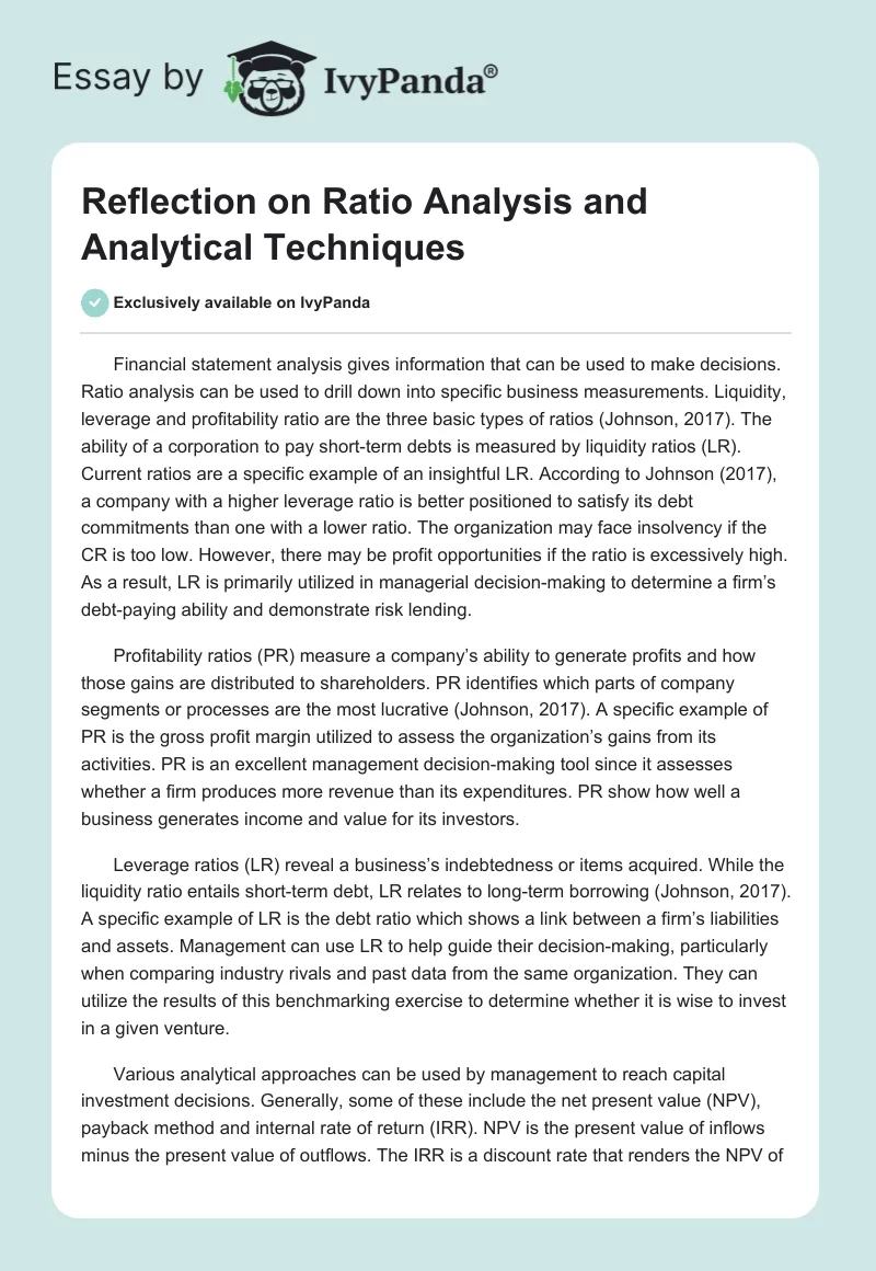 Reflection on Ratio Analysis and Analytical Techniques. Page 1