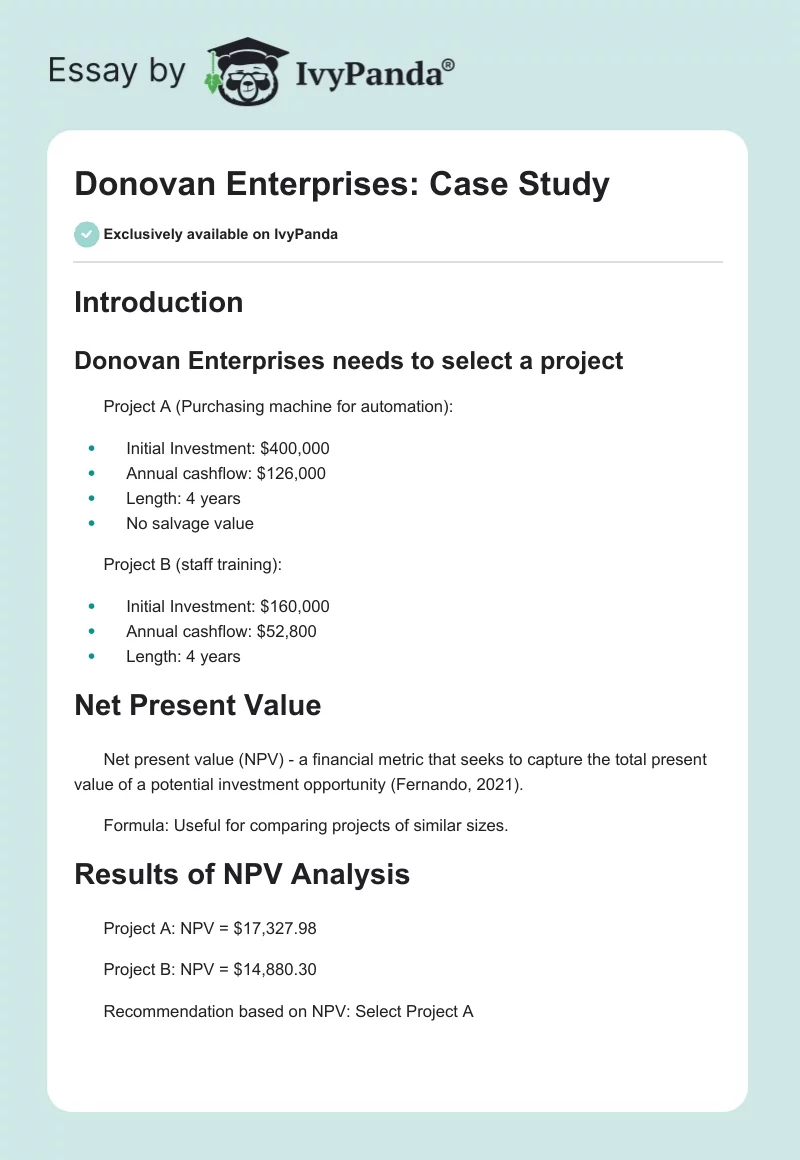 Donovan Enterprises: Case Study. Page 1