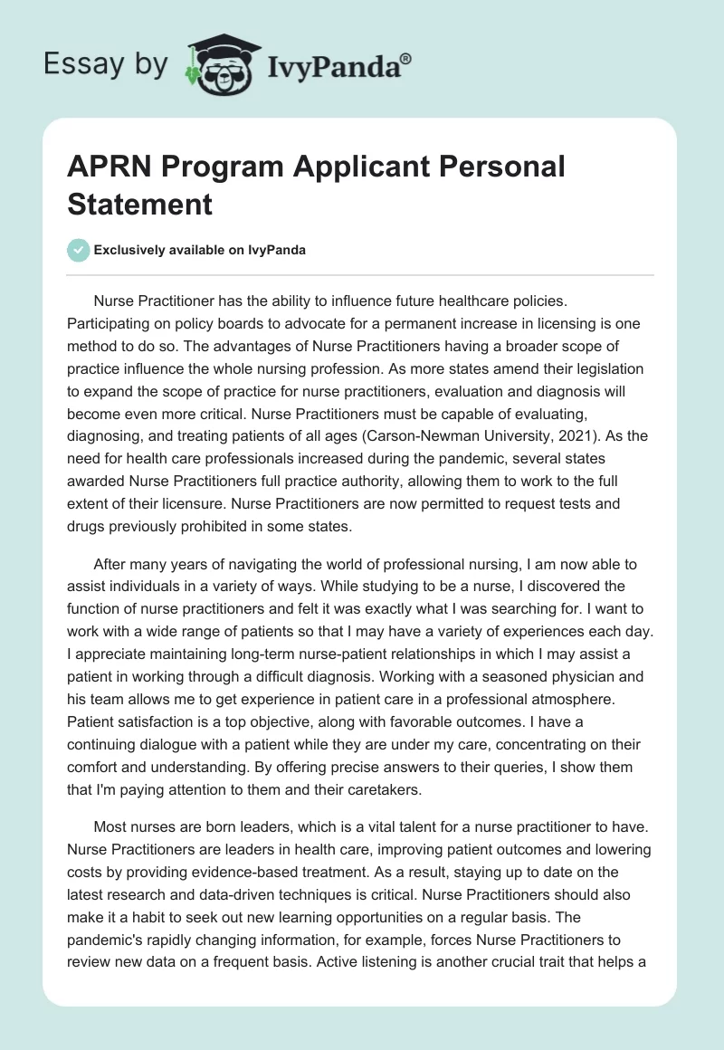 APRN Program Applicant Personal Statement. Page 1
