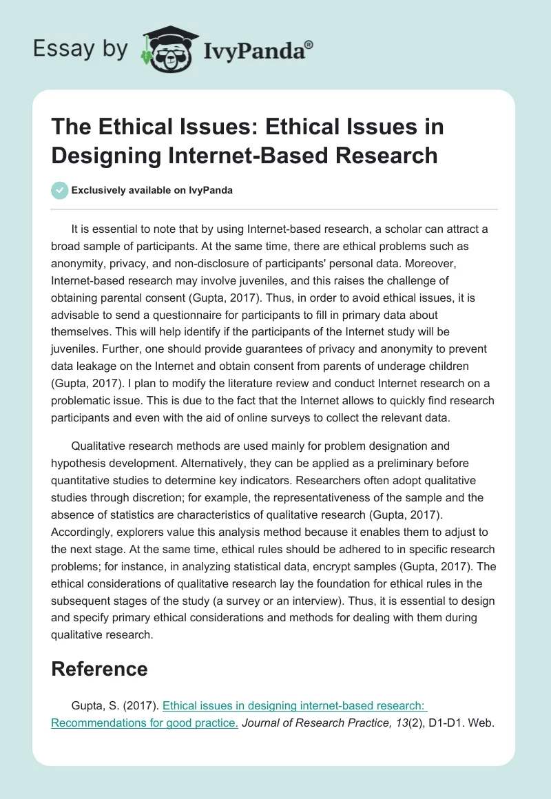 The Ethical Issues: Ethical Issues in Designing Internet-Based Research. Page 1